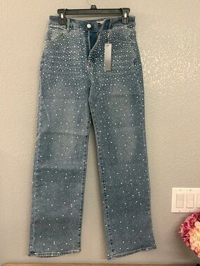 Tractr Denim Straight-Leg Jeans with White Crystal Dot Accents